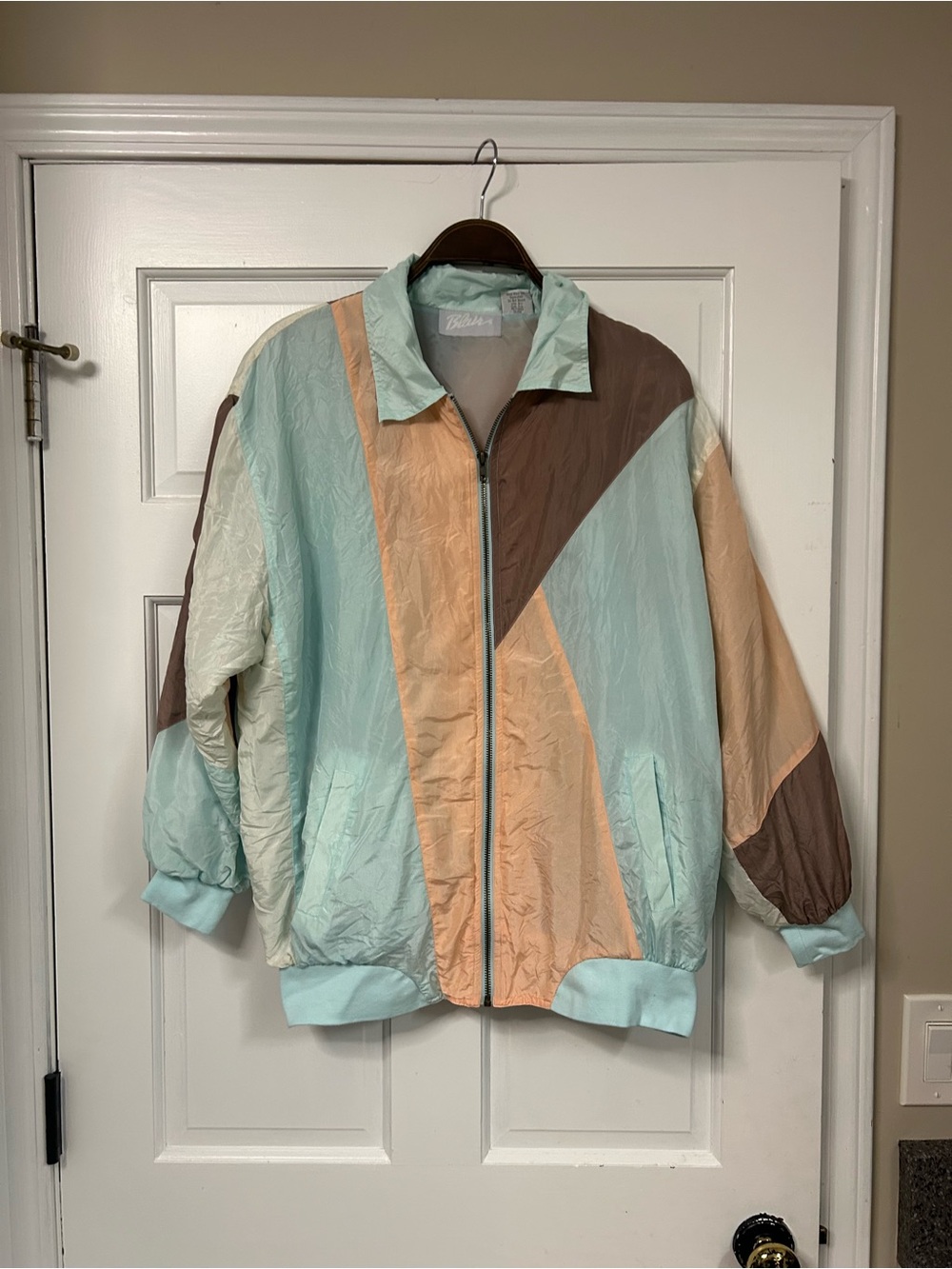 Vintage Blair Pastel Silk Colorblock Shell Jacket in Mint, Peach & Brown